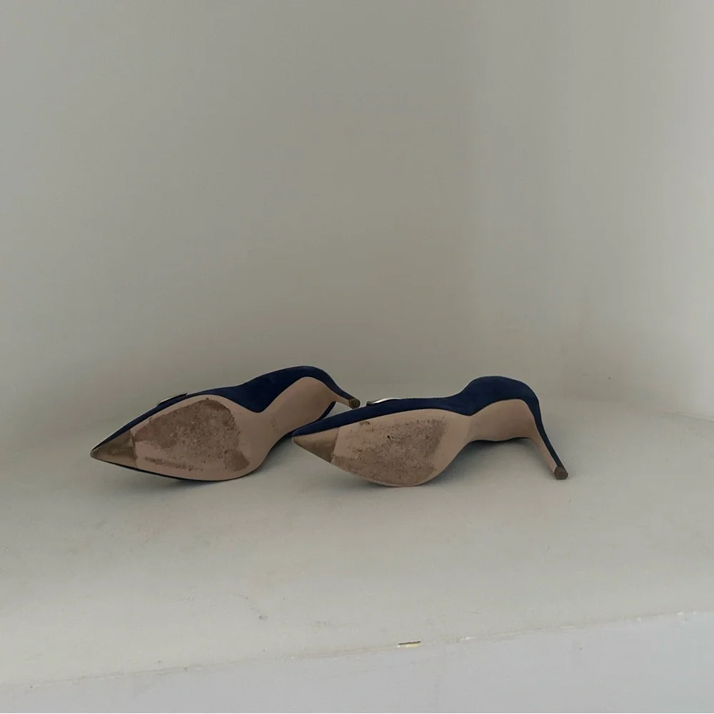 Stuart Weitzman Navy Blue Suede Pointed Toe Heels with Silver Accent - Picture 7 of 11
